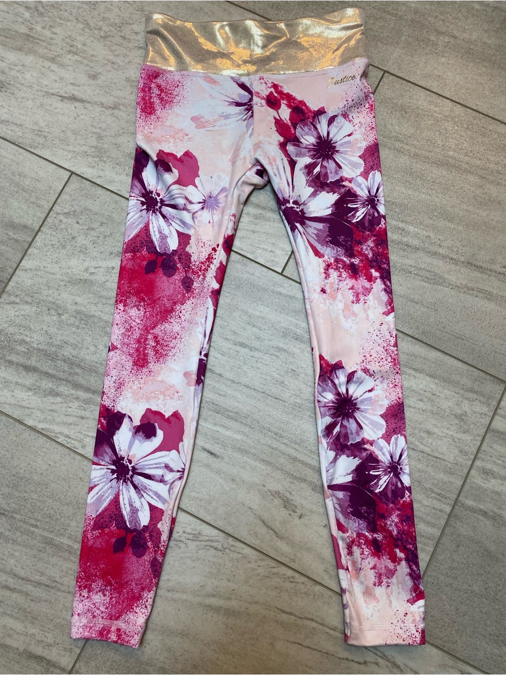 Justice Pink and Purple Floral Leggings with Gold Waistband Size Medium (10)